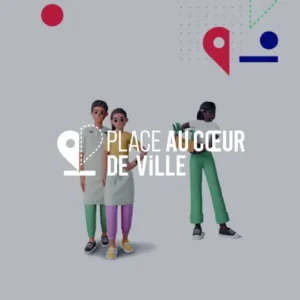 Vignette présentation Place Au Coeur de Ville, logo et illustrations personnages 3d et graphiques.