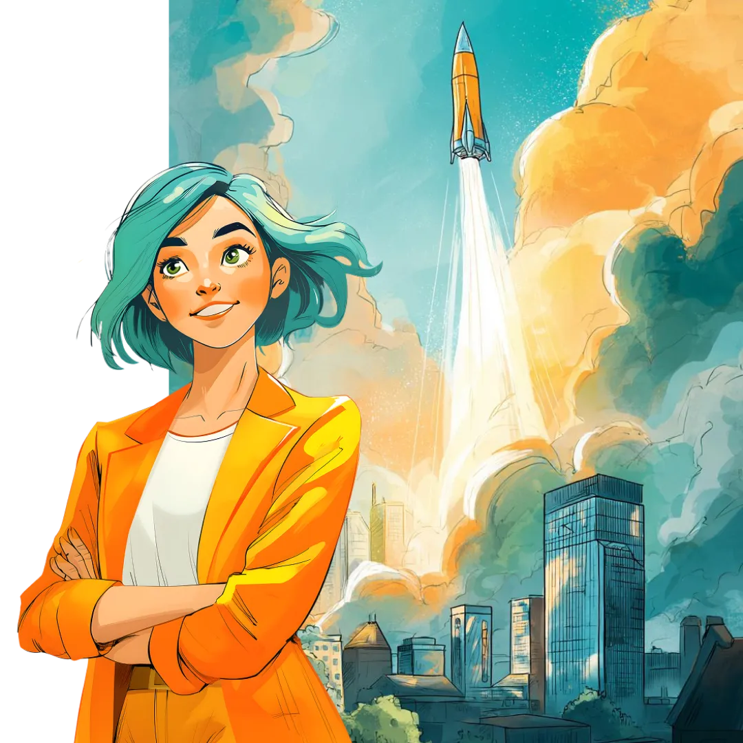 Illustration personnage Hodemy avec en fond une fusée au décollage